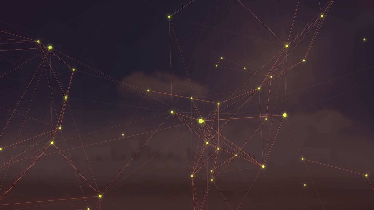 Animation of network of connections over cityscape and sky