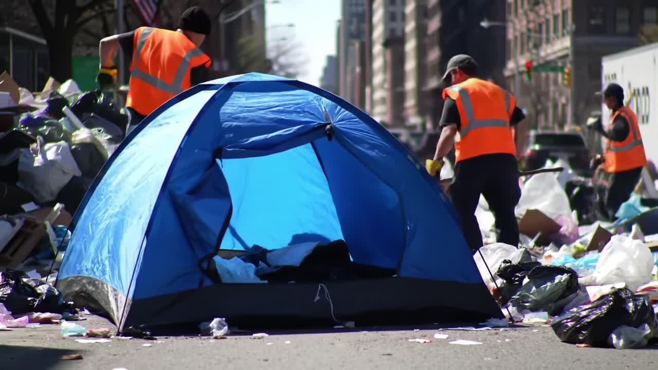 Cleanup Efforts in Urban Environment: Efforts to Manage Waste and Maintain Cleanliness Amidst Trash with Workers in Safety Vests and a Tent on the Street