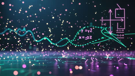 digital mathematical formulas and glowing particles
