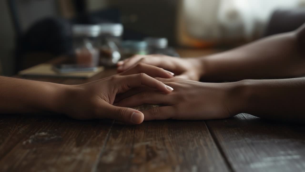 Caressing one person's hand, starting tracing fingers at home on wooden table, reassuring with jars