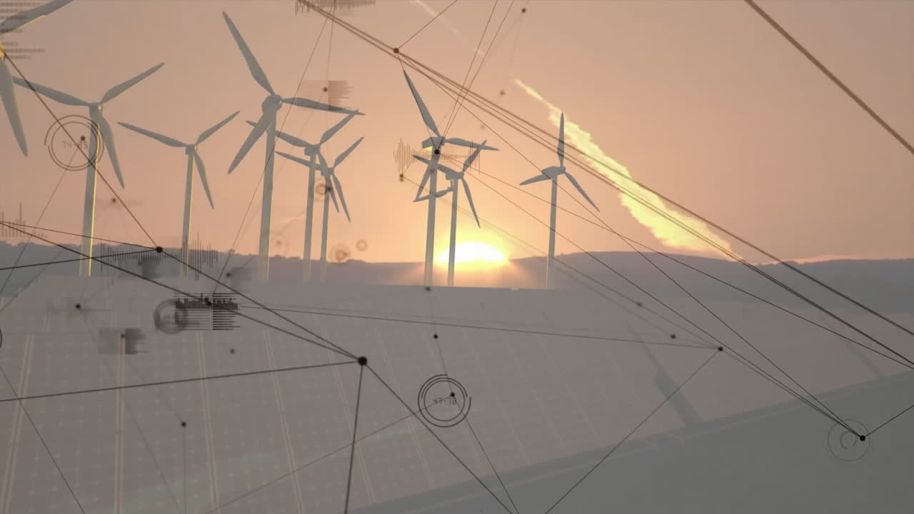 showing rotating wind turbines overlooking solar panels in glowing dusk with smart network overlays