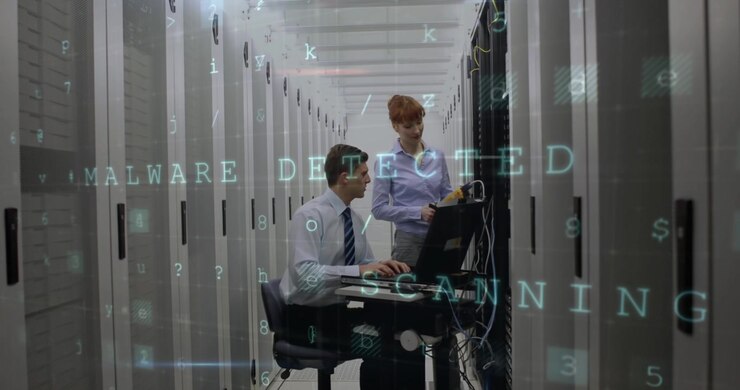 Cyber security data processing over caucasian male and female engineer working at server room