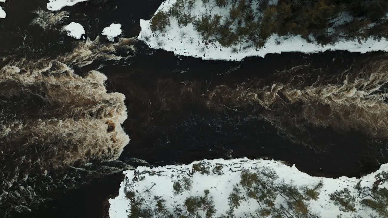 Top down drone shot of whitewater rapids on Canadian river in winter