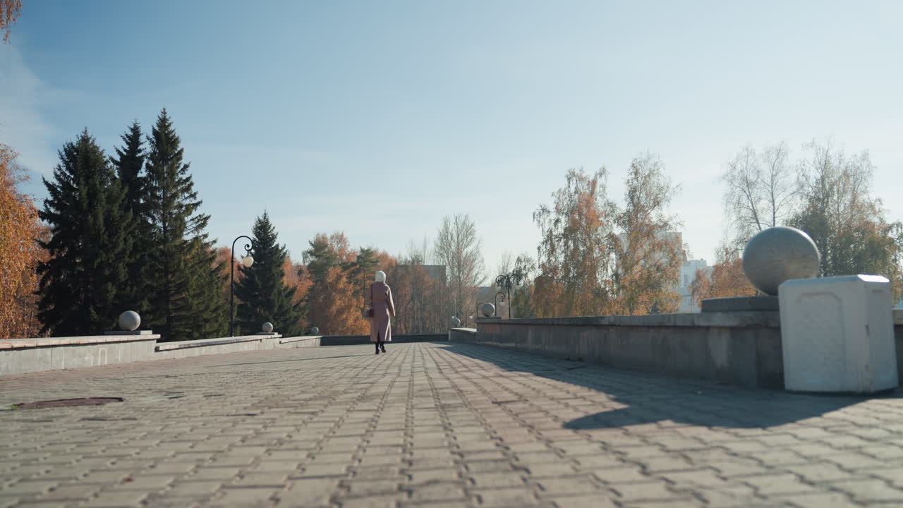 Солнечная площадь, удаленная белая женщина уходит по брусчатке, широкий открытый городской вид, обрамленный березами и вечнозелеными деревьями, мягкий осенний свет, длинные тени, минимальное присутствие, задумчивый.