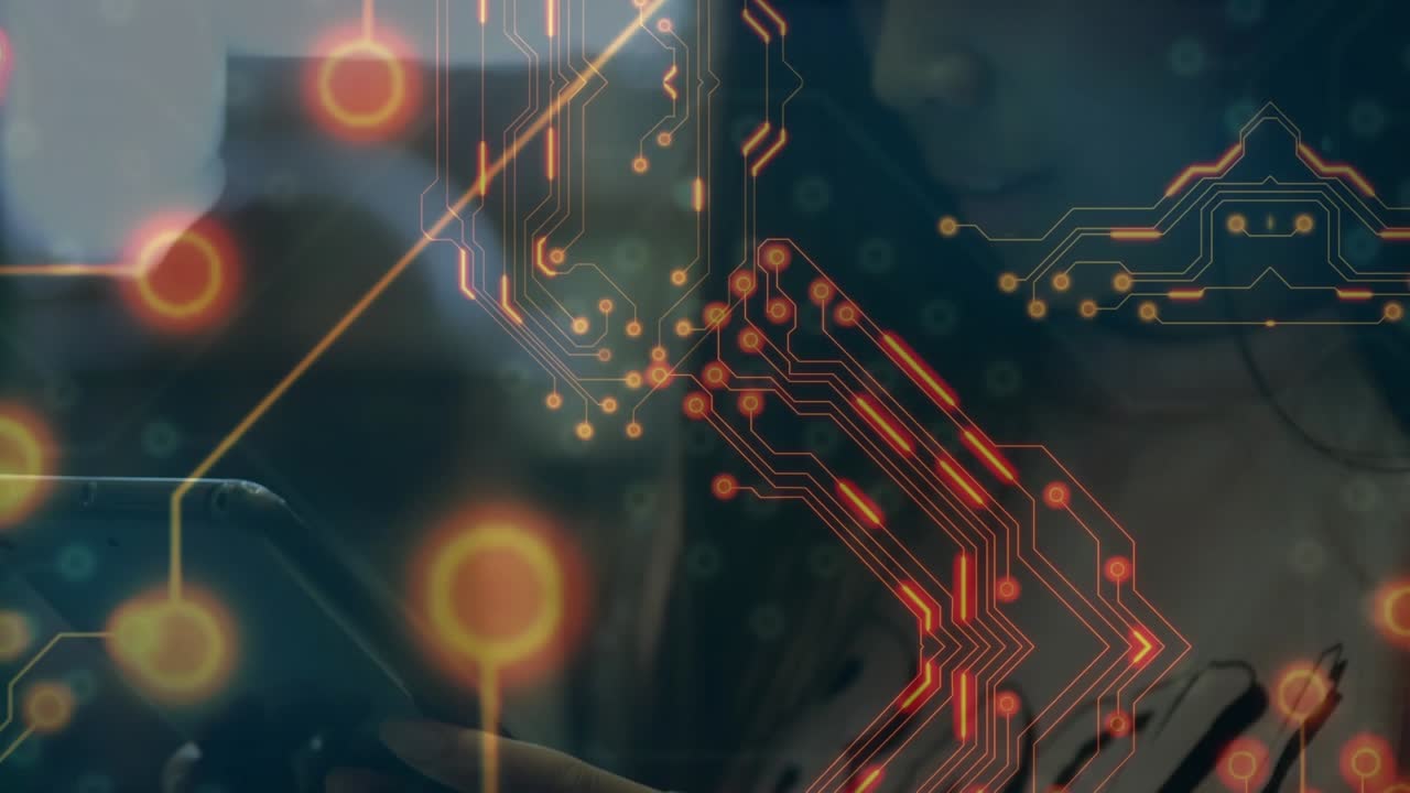 Animation of computer circuit board over girl using tablet