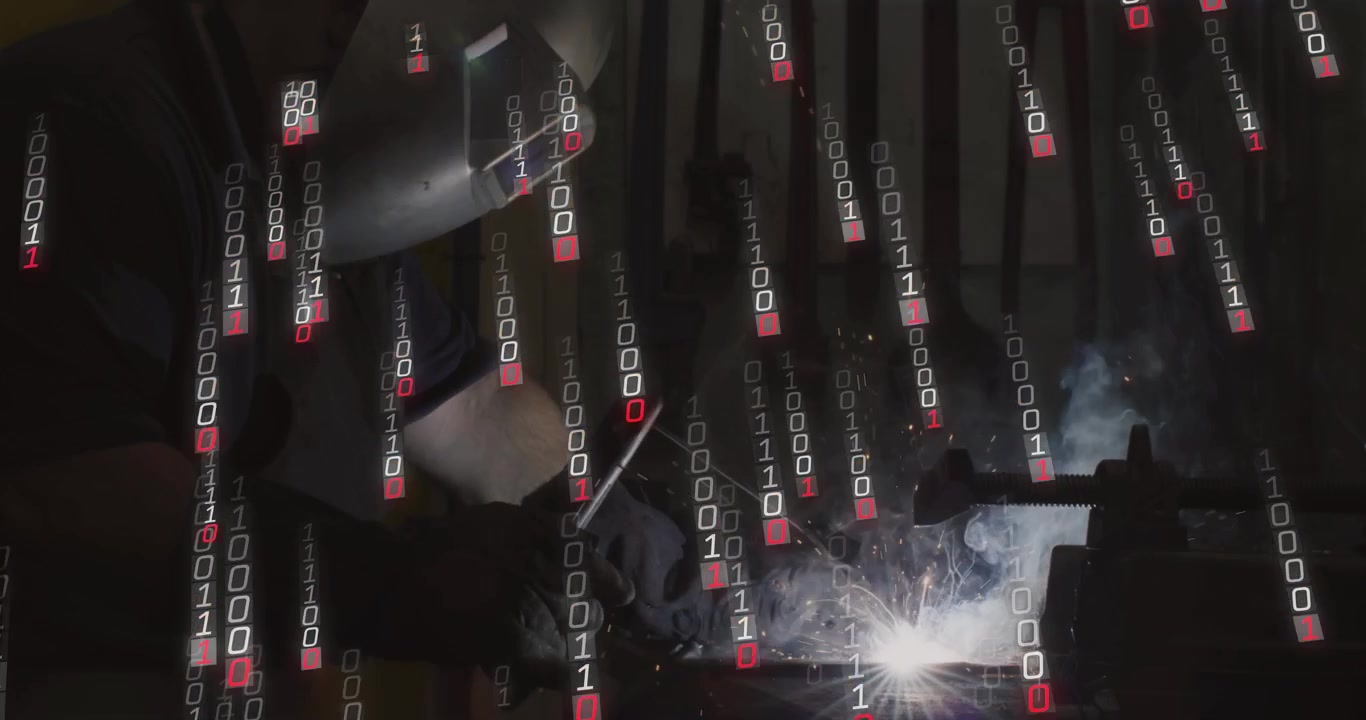 Welder striking arc, welding seam for fabrication while binary digits falling around welder, sparks