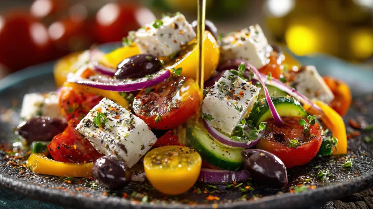 A Vibrant Mediterranean Salad Featuring Fresh Vegetables, Feta Cheese, and Olives, Perfectly Seasoned with Herbs and Presented on a Rustic Plate