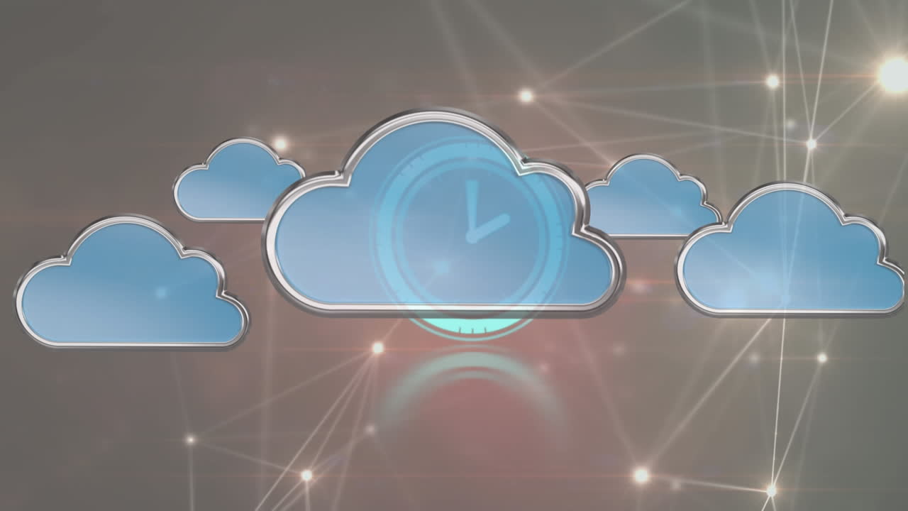 animación de reloj moviéndose rápidamente sobre nubes digitales y red de conexiones