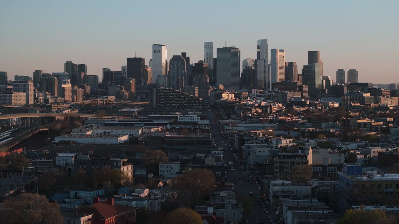 Aerial view of Boston at sunrise. Shot on a spring morning