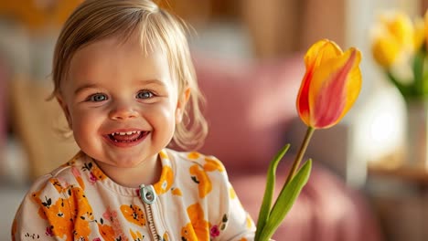 happy toddler with a tulip