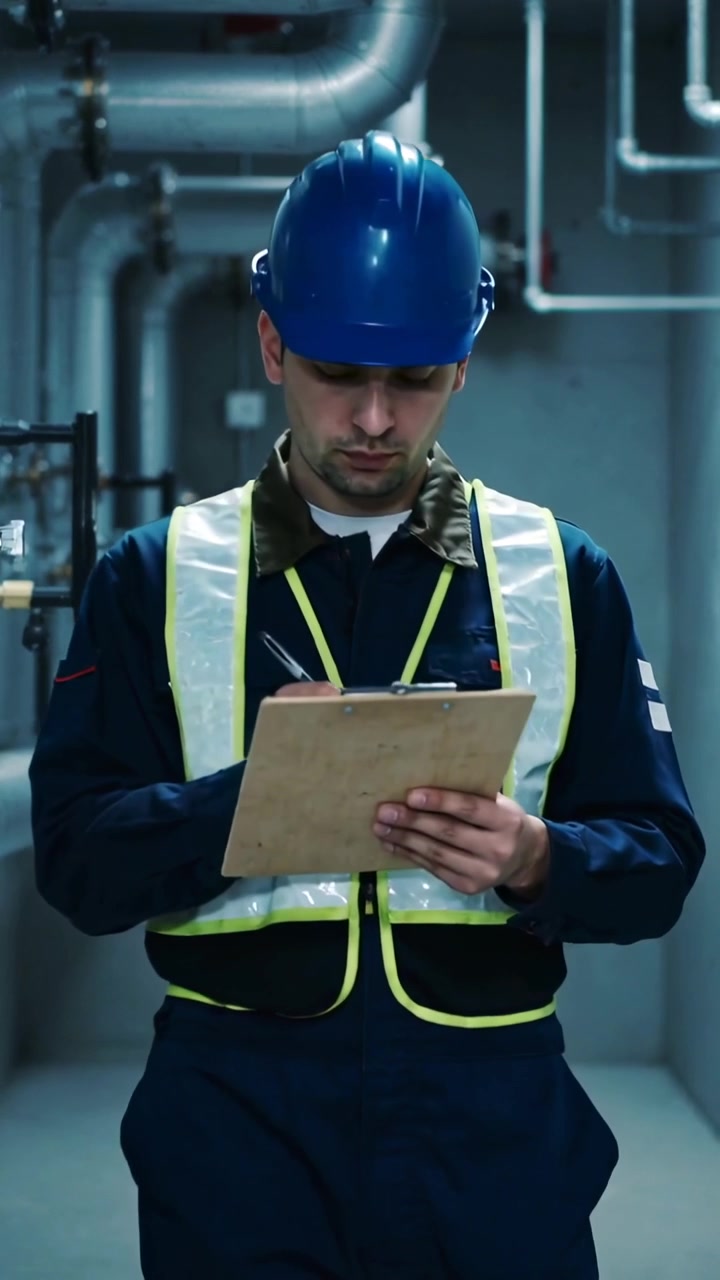 Vertical video: Checking clipboard, tech recording pipe readings in plant, with pen, hard hat, vest