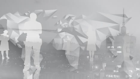 animation of world map and white silhouettes of business people over cityscape