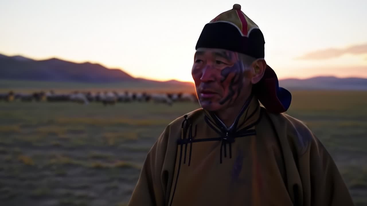 A man in traditional attire stands against a backdrop of rolling hills as the sun sets in Mongolia. His face is adorned with intricate markings, reflecting cultural heritage and identity.