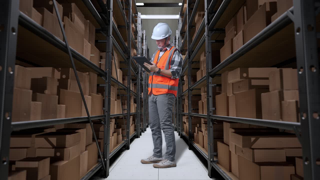 vista lateral completa del cuerpo de un ingeniero masculino asiático con casco de seguridad de pie en el almacén con estantes llenos de mercancías de entrega. tomando nota en la tableta y mirando a su alrededor en el almacenamiento