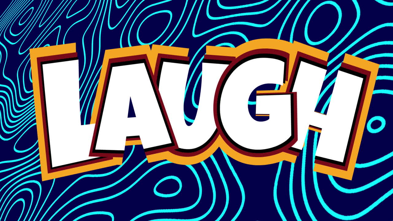 Animation von Lach-Text über Formen auf blauem Hintergrund