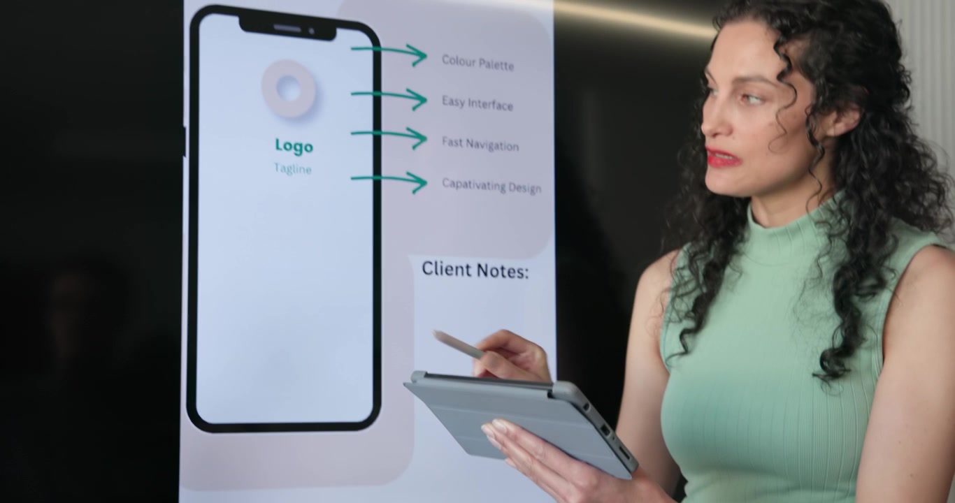 African American woman tapping tablet, pointing stylus at mockup for client in office, copy space