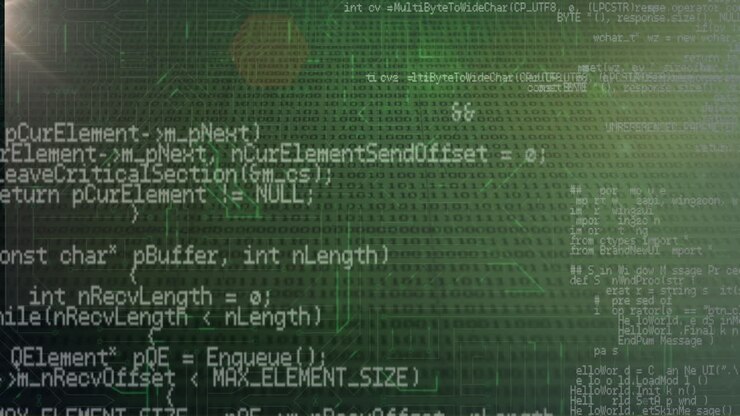 Animation of binary coding, data processing over glowing computer circuit board