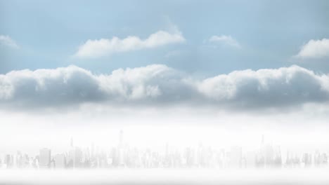 Animation-of-distant-cityscape-with-modern-buildings-and-clouds-on-blue-sky