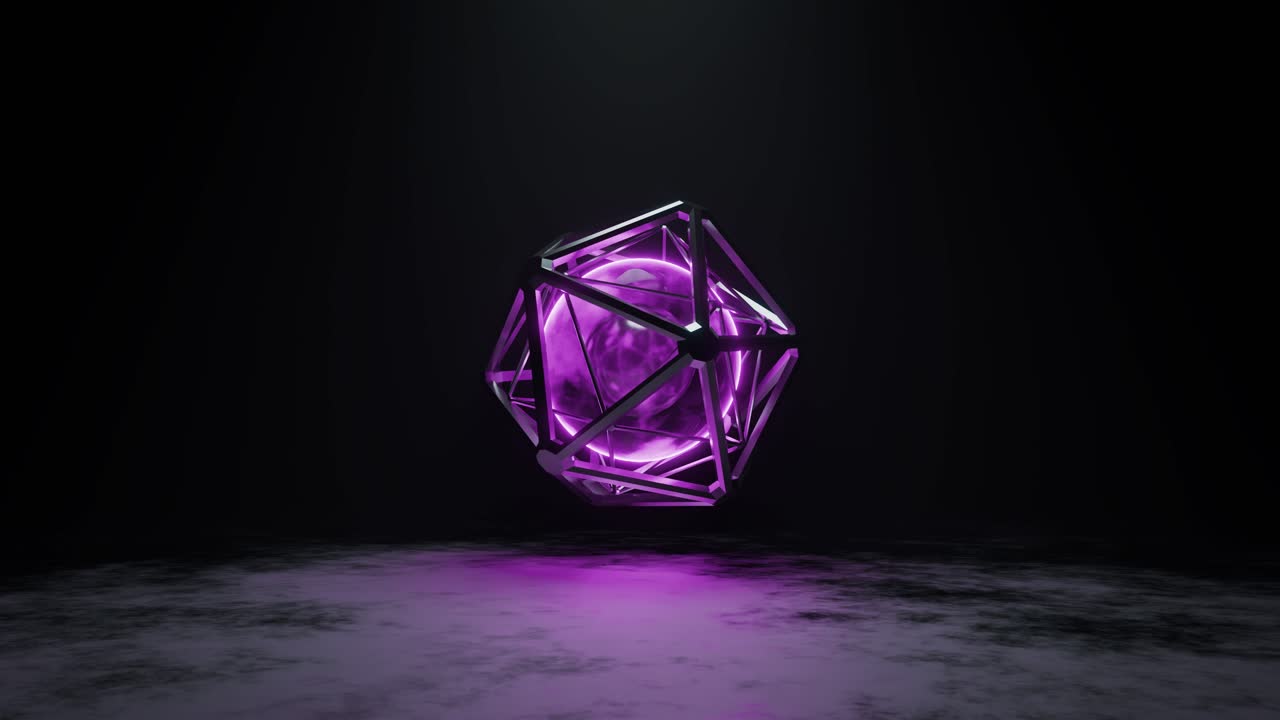 3D loop of glowing purple sphere in hexagon spinning in air