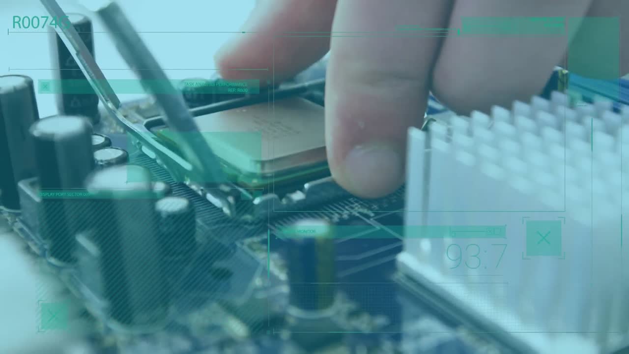 Animation of data processing over man's hand and computer circuit board
