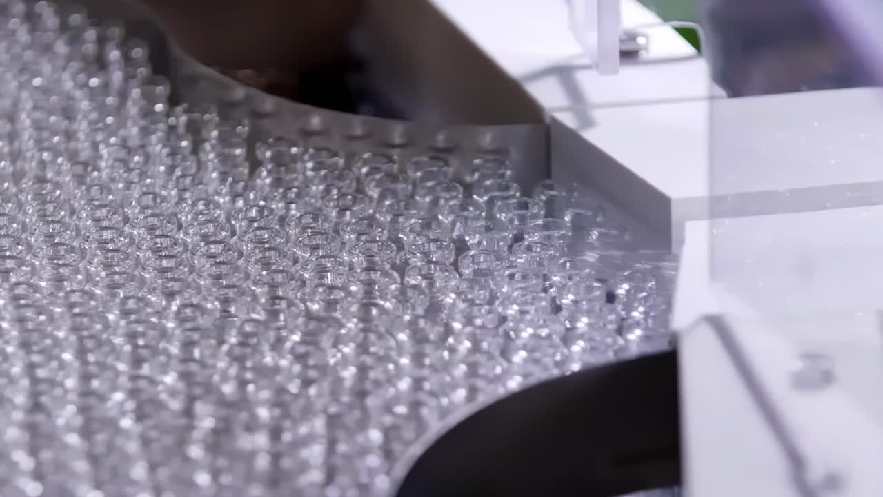 Pharmaceutical automatic vaccine injection mass production line on a conveyor belt machine with empty glass bottles vials at pharmacy processing factory. Pharma injections in small ampoule vials plant