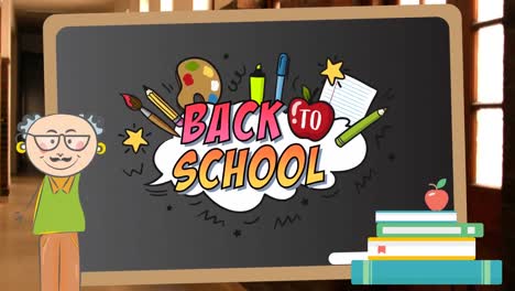 Animation-of-back-to-school-text-over-school-items-icons-and-blackboard