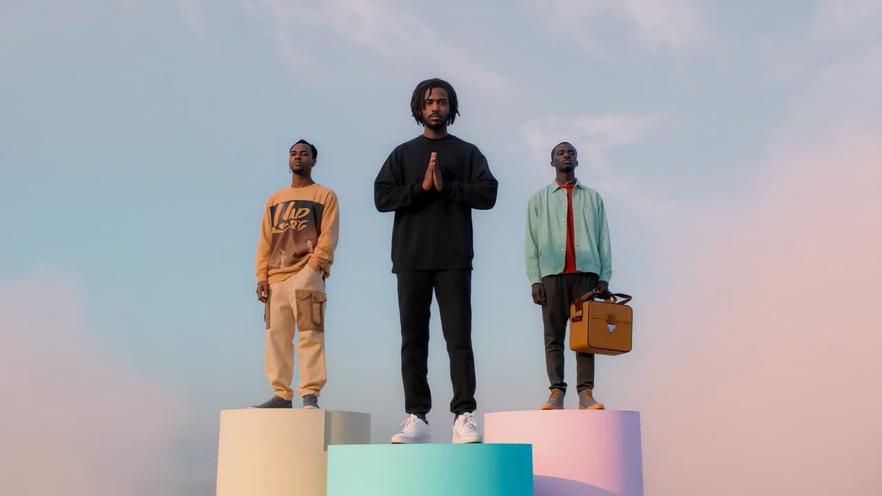Camera holding three men standing on set with briefcase, raising hands into prayer for portrait