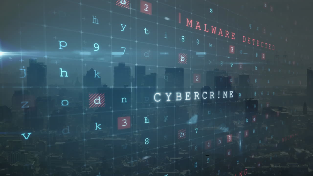 Cybersecurity overlay showing floating code grid over skyline, highlighting warning texts