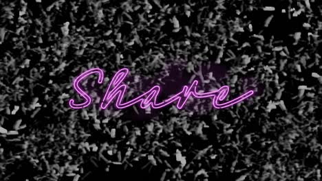 animation of purple neon text, share, on monochrome grass background