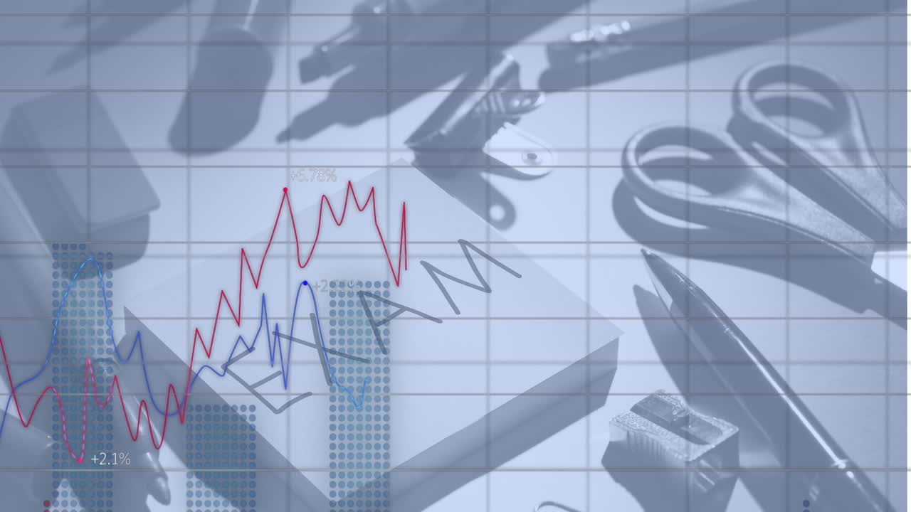 책상 위의 사무실 항목에 대한 금융 데이터 처리의 애니메이션