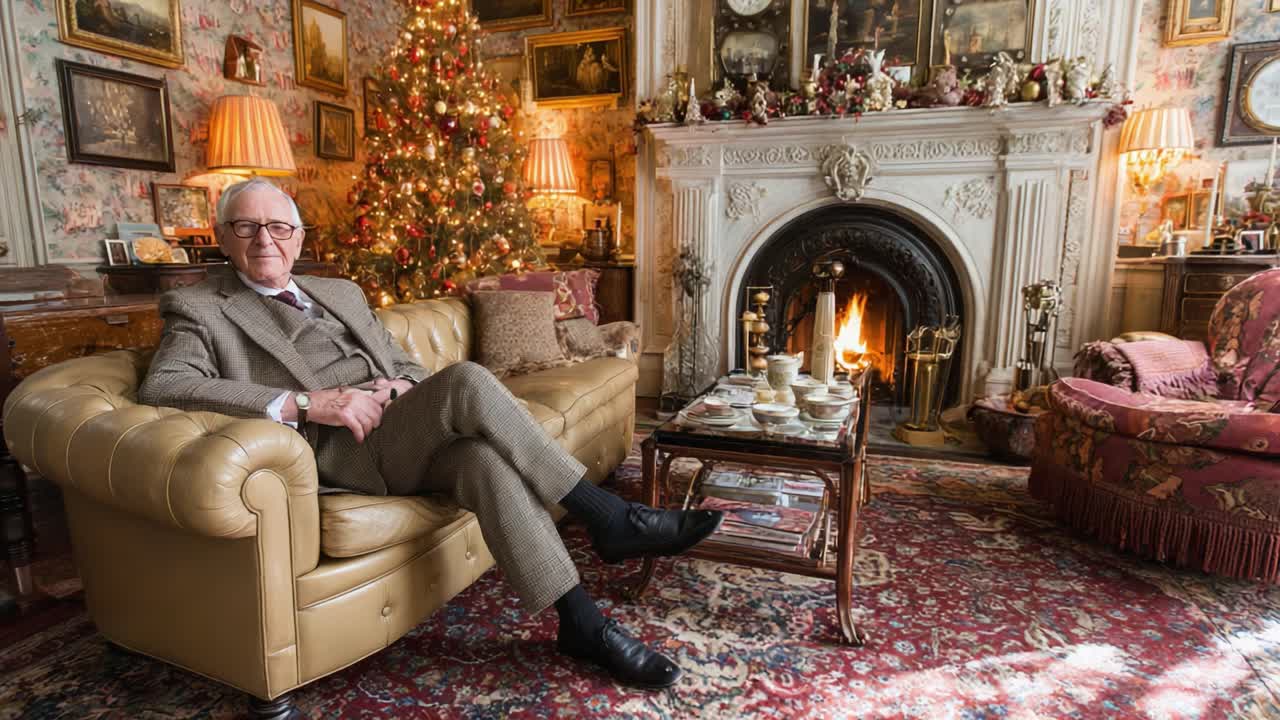 A Distinguished Gentleman Relaxing in a Cozy Vintage Living Room Surrounded by Christmas Decorations and a Warm Fire