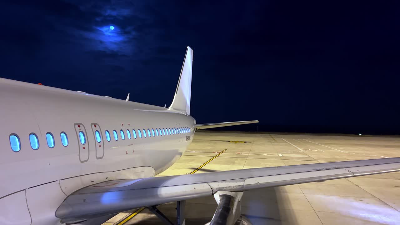 vista nocturna inusual y hermosa del avión estacionado en la plataforma del aeropuerto con cuerpo blanco que muestra el motor del ala del fuselaje y la cola con la luna en el fondo