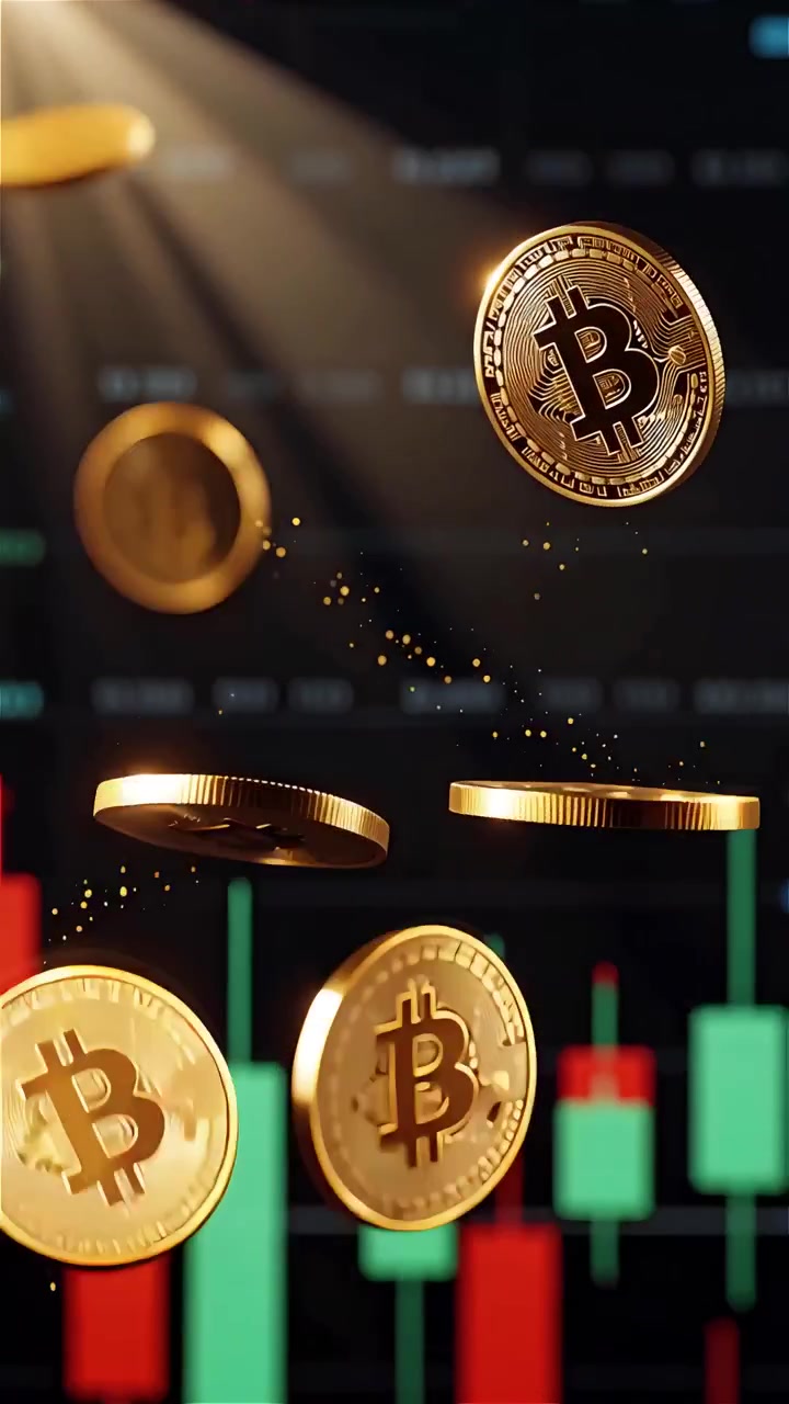 Moedas de Bitcoin douradas com fundo de gráfico de velas desfocado 4K