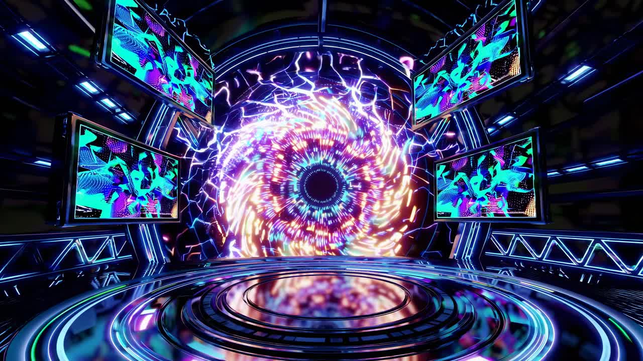 escenario de neón cyberpunk con pantallas visuales