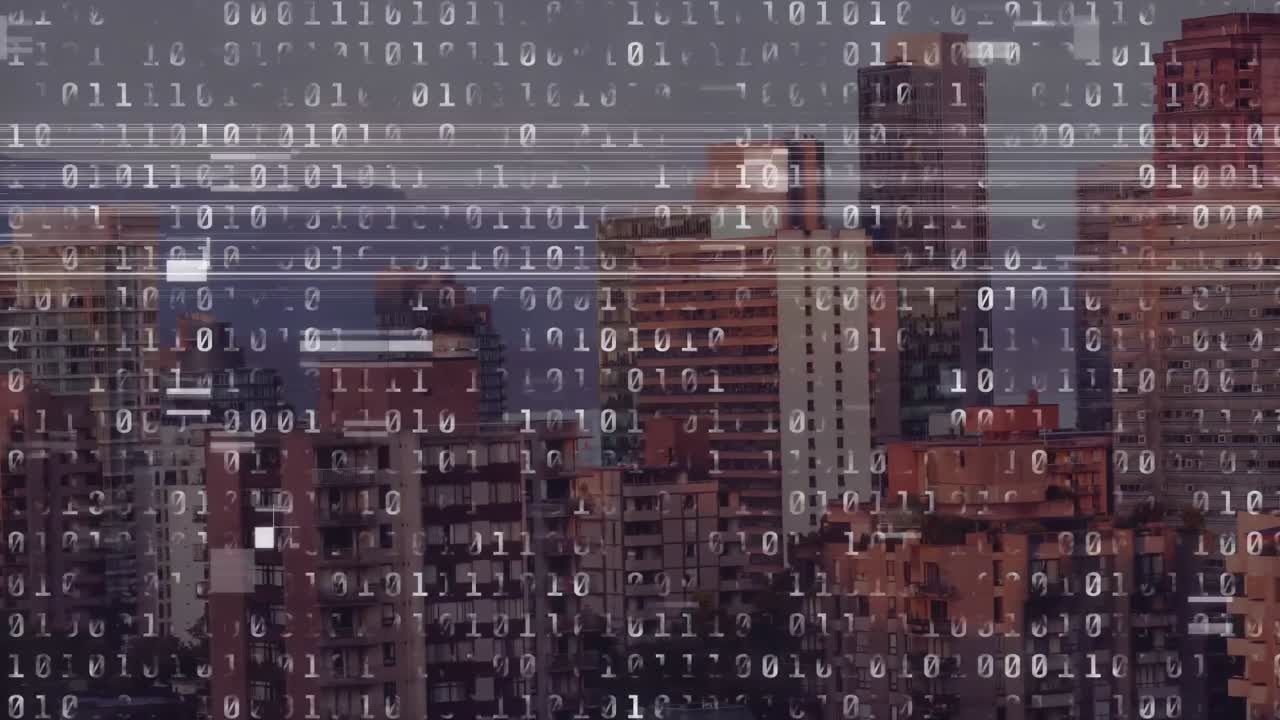 Animation of binary coding over cityscape
