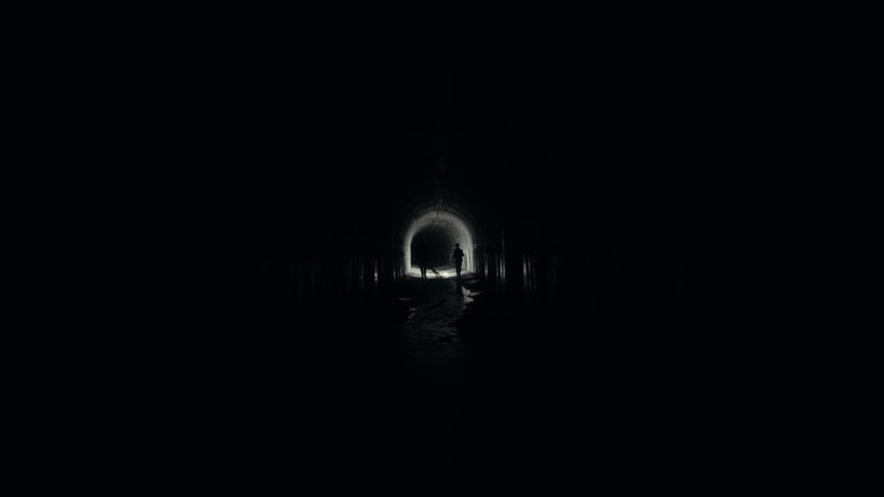 Two Silhouetted People Walking Through a Dark Underground Tunnel