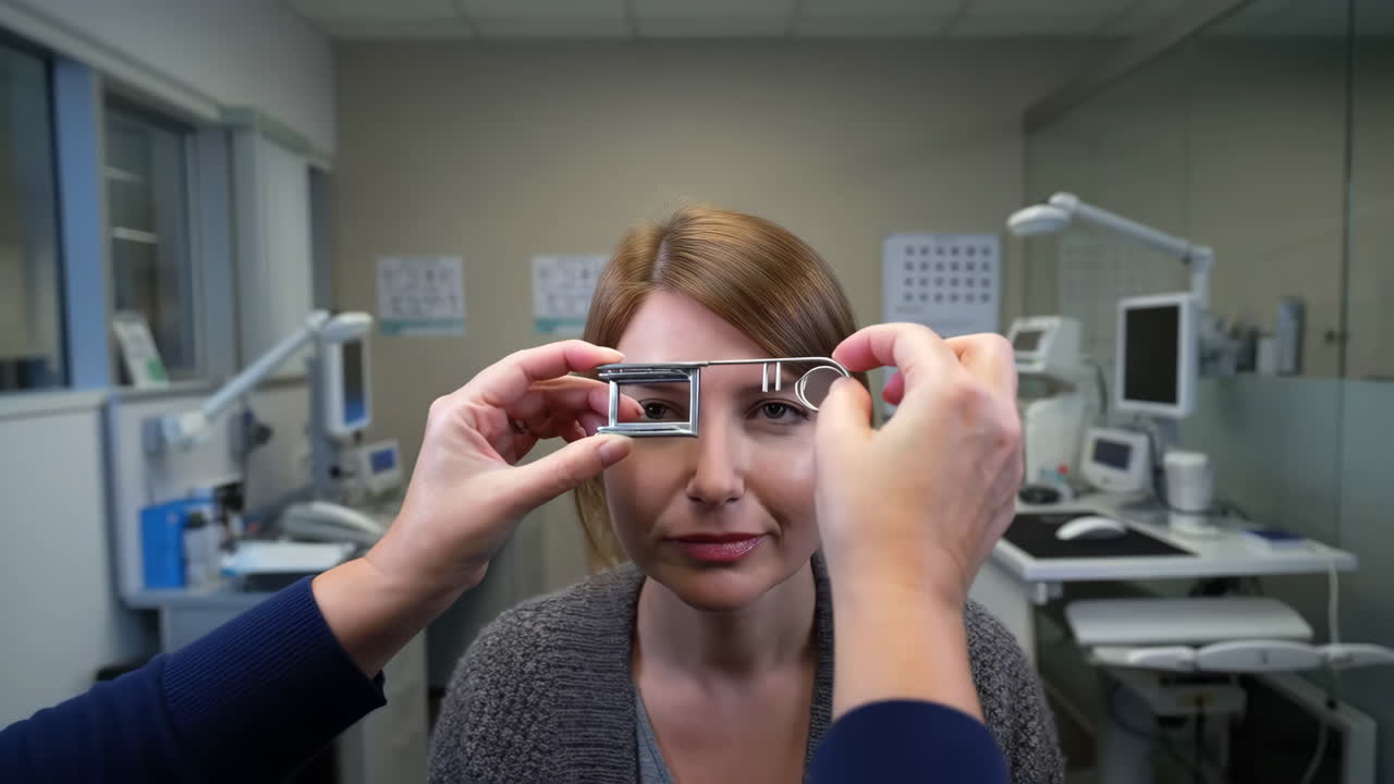 Woman undergoing an eye exam with an eye occluder in an optometry clinic