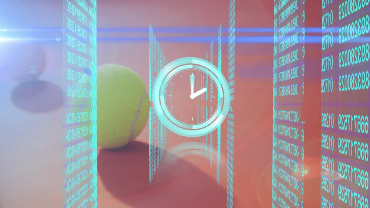 Holographic clock showing data panels over clay court, tennis ball resting among moving streaks
