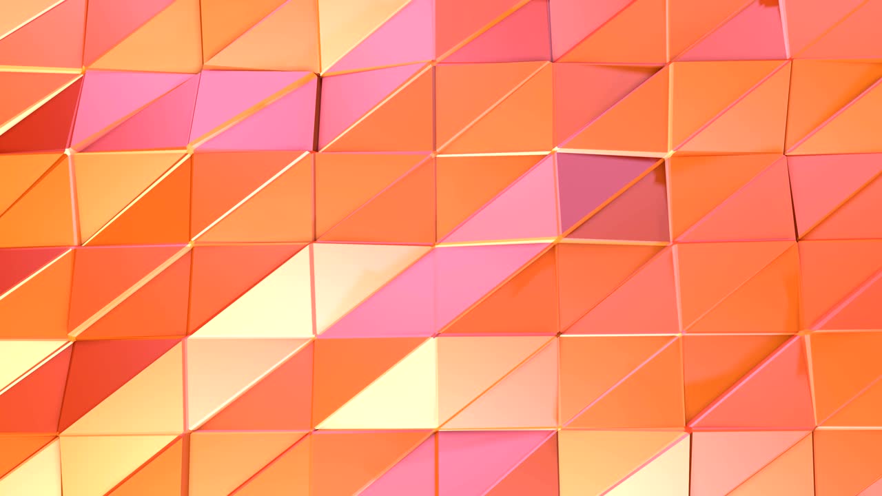 Abstract simple pink orange low poly 3D surface as computer environment. Soft geometric low poly motion background of shifting pure pink orange red polygons. 4K Fullhd seamless loop background