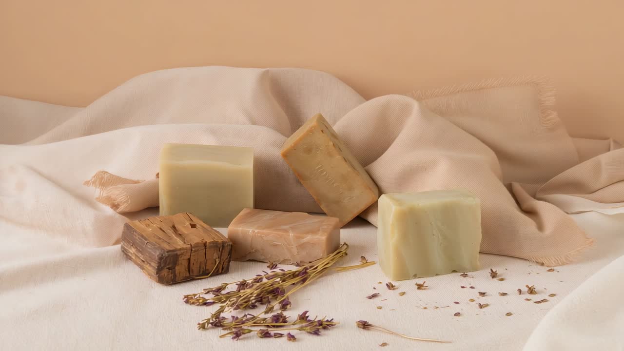 Allontanamento della camera che mostra cinque saponette artigianali su un drappo beige, con lavanda essiccata