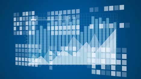 animation of statistical data processing over mosaic squares against blue background