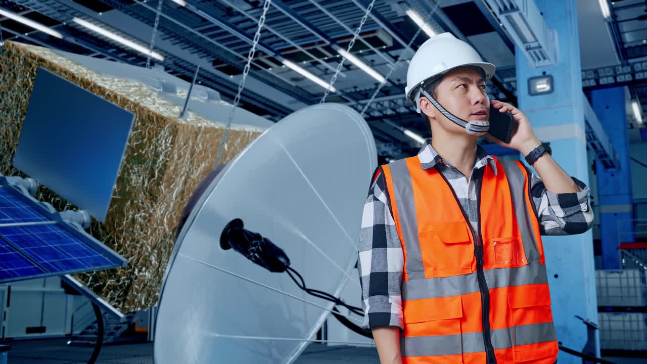 técnico de satélites hablando por teléfono.
