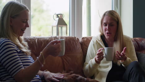 two women sitting on a couch talking