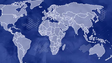 animazione di una mappa del mondo su sfondo blu con cellule virali.