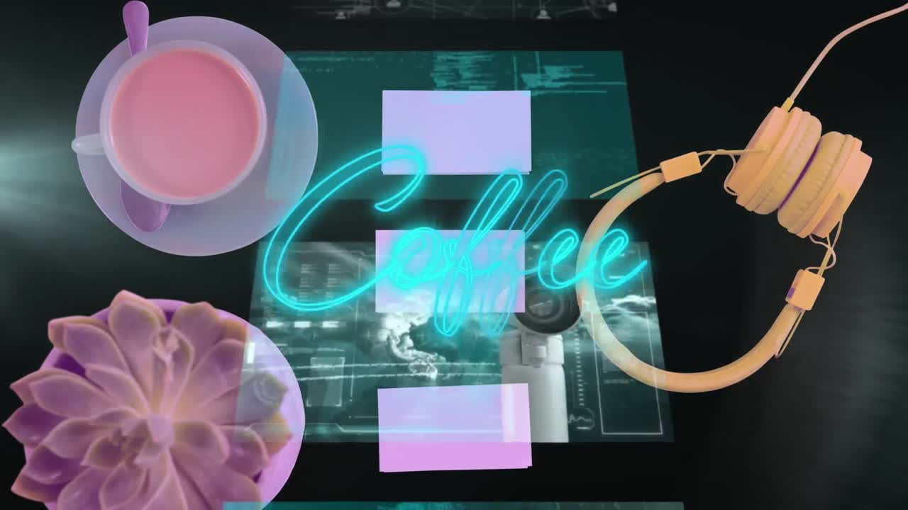 파란색 네온으로 커피 텍스트의 애니메이션, 보안 카메라와 화면이 테이블 위에서 데이터를 처리합니다.