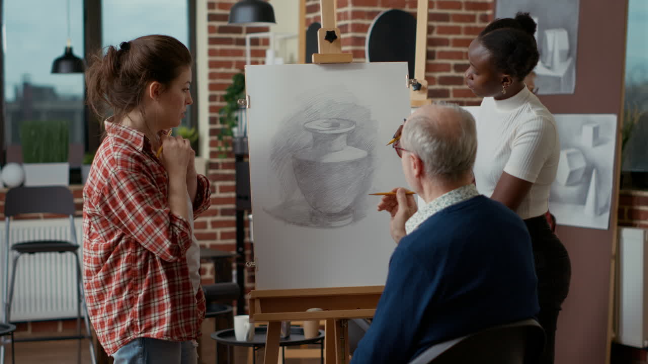 Multiethnic team of students helping senior man to draw vase design