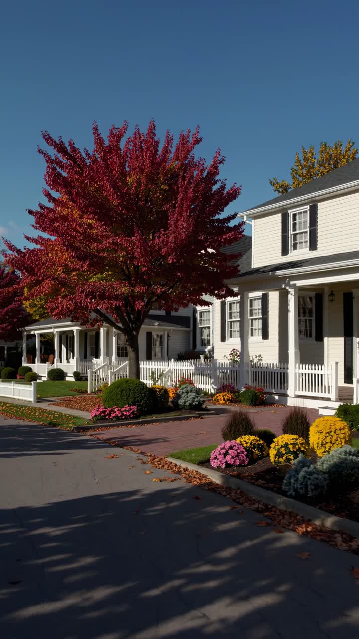 Charming neighborhood street video with vibrant autumn trees