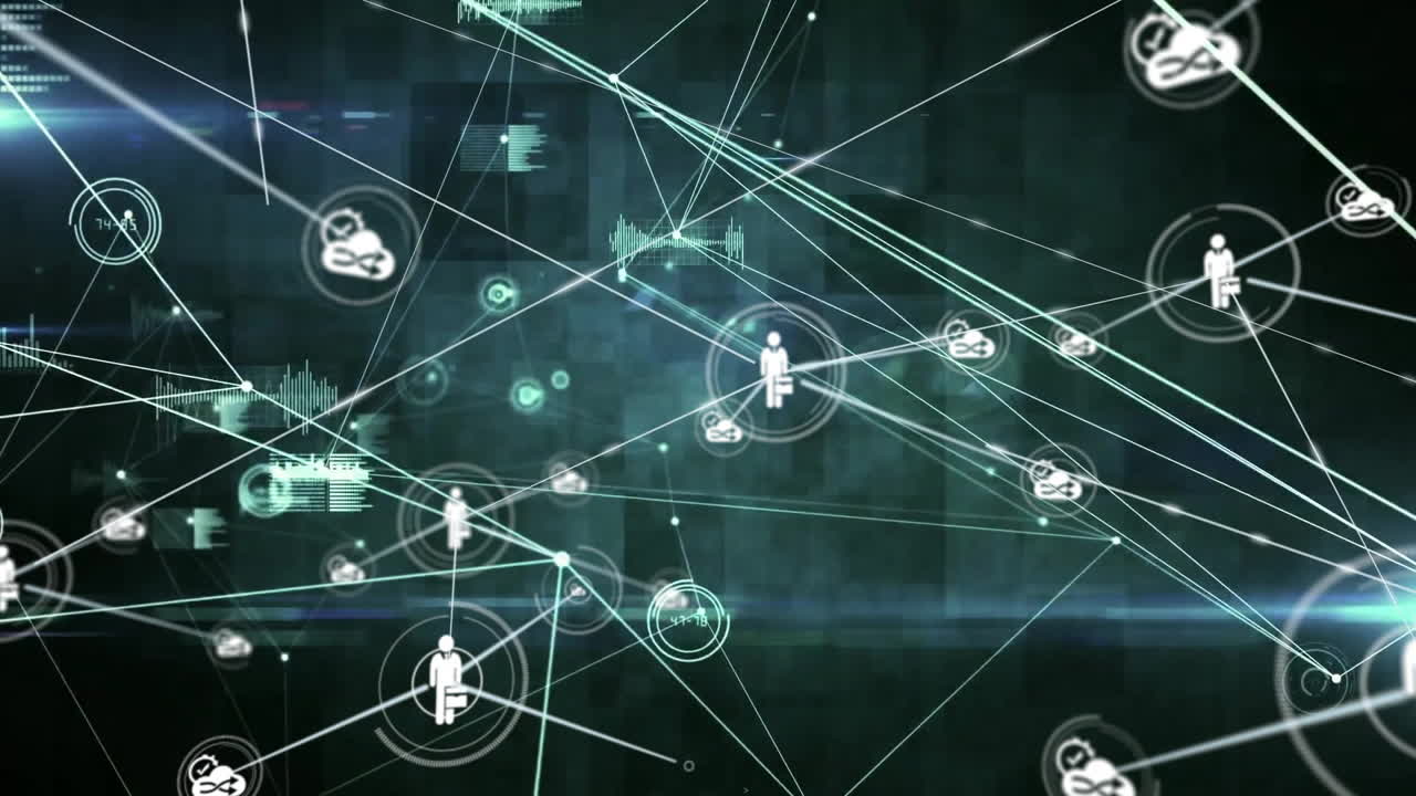 Network of connections and data processing animation over diverse icons and graphs