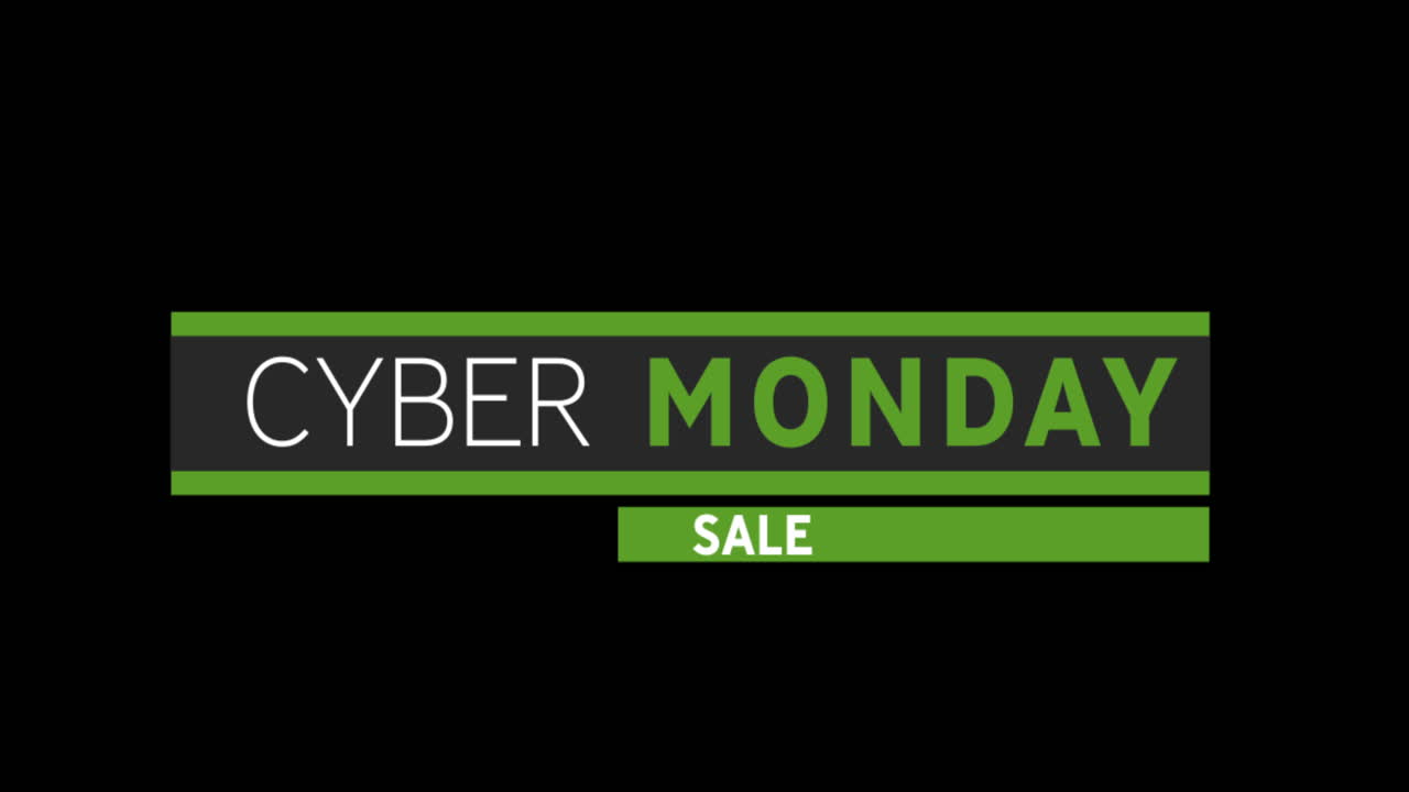 texto de venta blanco y verde de cyber monday que aparece contra una pantalla negra