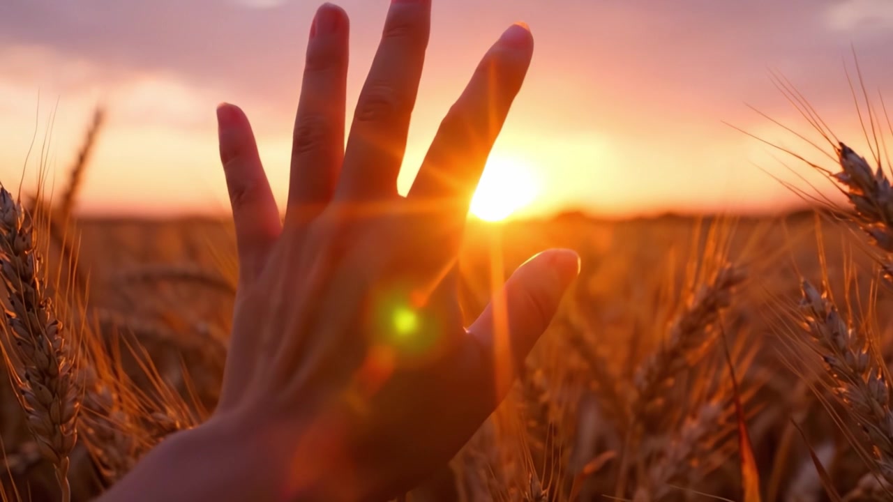 Una mano si protende verso l'orizzonte dorato al tramonto su un campo di grano, catturando l'essenza dell'abbondanza della natura e la bellezza di una serata tranquilla.